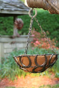 a bird feeder hanging from the side of a tree