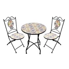 three chairs and a table are shown against a white background