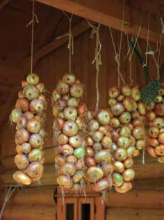 the fruit is hanging from the ceiling in the room with wood walls and beams on it