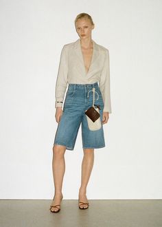 Straight-fit denim bermuda shorts - Women | Mango USA Short Jeans Pants Outfit, Bermuda Shorts Outfit Women, Long Shorts Outfits Women, Long Jean Shorts Outfit, Denim Bermuda Shorts Outfit, Bermuda Shorts Outfit, Jeans Pants Outfit, Long Jean Shorts, Long Denim Shorts