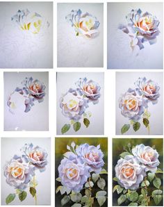 six pictures of different flowers with leaves on them, all in pastel colors and shapes