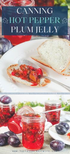 two pictures with blueberries and bread on them, one has jelly in the jar