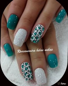 Teal and white leopard Early March Nails, Nail Ideas For Vegas, Purple Cheetah Nails, August Nails, Teal Nails, Cheetah Nails, Leopard Print Nails, Dip Nails