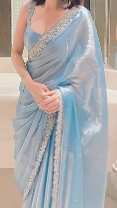 Saris For Farewell, Light Blue Saree Aesthetic, Pastel Color Sarees Party Wear, Saree Inspo For Wedding, Designer Saree For Wedding Function, Lehenga Designs Blue, Wedding Function Dresses Indian, Sari Dress Design, Blue Desi Aesthetic