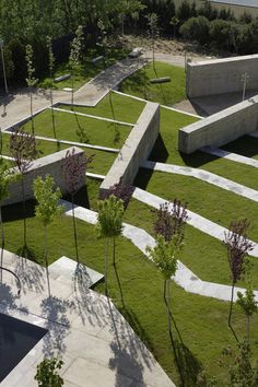 an aerial view of a park with grass and trees