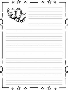 a lined paper with an image of a christmas tree and stars on the border, in black and white