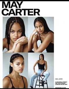 a woman sitting on top of a stool in front of a magazine cover with pictures of her