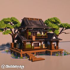 a house made out of legos with trees on the roof and stairs leading up to it