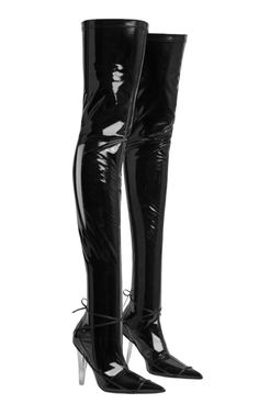 Peter Do fuses a modern silhouette with fetishistic undertones to create these black boots. Made from high-shine latex, they're set on transparent stiletto heels and arrives at an over-the-knee length.Exposed Zipper in BackClosed ToePointed ToeHigh Shine LatexThigh HighClear HeelFabric Tie at Ankle3.75" Heel HeightMaterial: polyester, leatherLining: leatherSole: leatherMade in Italy Peter Do Boots, Fitted Patent Leather Ankle-high Boots, Modern Patent Leather Knee-high Boots, Luxury Patent Leather Knee-high Boots With Pointed Toe, Knee-high Patent Leather Boots With Reinforced Heel, Luxury Patent Leather High Heel Knee-high Boots, Chevron Outfit, Boot Knife, Peter Do