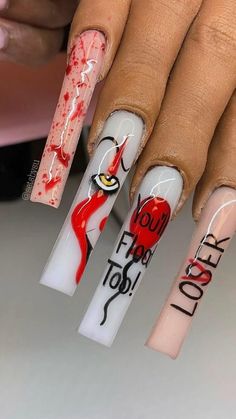 Horror Movie Nails, Movie Nails, Acrylic Nail Set, Red Acrylic Nails, Drip Nails