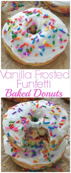 vanilla frosted funfetti baked donuts with sprinkles