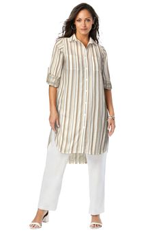 Our best-selling, versatile tunic silhouette is now available in linen! Personalize it with roll-tab sleeves that adjust from long to three-quarter length. Wear it on its own or layered over a tank or tee; tie it at the hip for a chic, sporty look. This must-have piece makes it easier than ever to go from daytime to sunset in style. Relaxed silhouette Adjustable buttoned roll-tab sleeves37" front, 40" backLinen/rayonMachine washableImported | Plus Size Women's Linen Mega Tunic by Jessica London Thermal Sweater, Womens Scrubs, Swimsuits For All, Ladies Of London, Tunic Sweater, Sporty Look, Cardigan Tops, Linen Women, Plus Size Tops