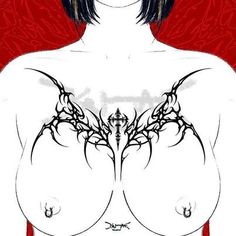 an artistic drawing of a woman's breast with tattoos on her chest and arms