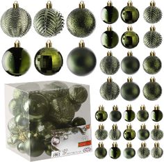 christmas ornaments are shown in green and gold colors, including bauble ornament