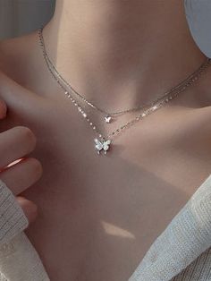 Butterfly Charm Layered Necklace – theshejewelry Cute Jwellary Aesthetic, Julery Aesthetic, White Rhinestone Pendant Necklace, Cute Jewelry Silver, Simplistic Jewelry, Necklaces Aesthetic, Aesthetic Jewellery, Cute Necklaces, Wishlist Ideas