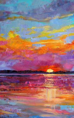 an oil painting of a sunset over the ocean with pink, orange and blue clouds