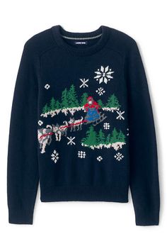 Men's Lighthouse Heritage Dogsled Crew Neck Sweater from Lands' End Christmas Sweater Men, Dog Sledding, Holiday Sweater, Plaid Flannel, Christmas Sweater