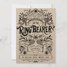 a card with the words ringbearer written in black and white on it