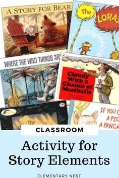 the classroom activity for story elements is shown in four different pictures, with text overlaying