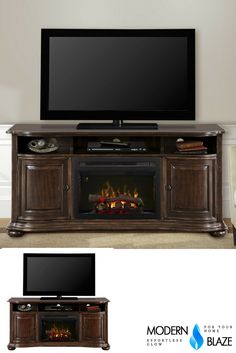 an entertainment center with a fireplace and flat screen tv