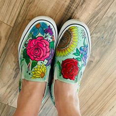 Purchased Gently Used, Cleaned And Custom Painted. Dull Mint Green Background With Colorful Florals. Unique, One Of A Kind. Vans Shoes Custom, Custom Painted Vans, Art Hats, Dinosaur Shoes, Floral Vans, Painted Vans, Mint Green Background, Colorful Florals, Van Color