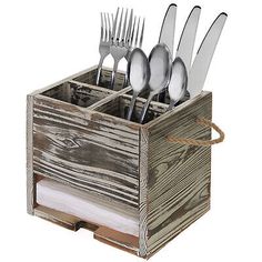 a wooden box with forks and spoons in it