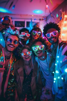 a group of young people with neon glasses posing for a photo in a party room