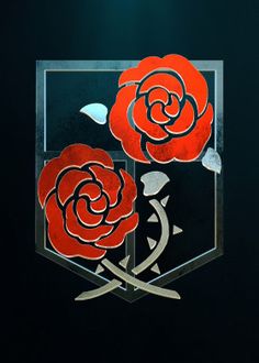 two red roses are in the center of a glass emblem on a black background,