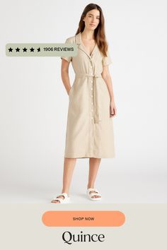 This midi linen dress should be in every wardrobe. Made from 100% organic linen and designed to be versatile, with elegant buttons down the front, and two pockets at the waist, and adjustable removable belt for the perfect fit.  | Quince | Women's Short Sleeve Dress in Driftwood, Size Medium, Linen Chic Linen Button-up Dress, Short Sleeve Linen Dress For Work With Button Closure, Relaxed Fit Linen Dress With Button Closure For Work, Spring Daywear Linen Dress With Button Closure, Spring Linen Dress With Button Closure, Button-up Linen Dress For Work, Casual Spring Linen Dress With Button Closure, Casual Linen Belted Dress For Daywear, Beige Button-up Linen Dress