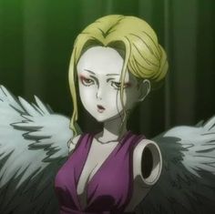 an anime character with blonde hair and wings on her chest, looking at the camera