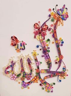 the word joy is made up of beads and butterfly shapes on a white background with butterflies