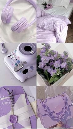 purple and white collage with flowers, headphones, books, and other items