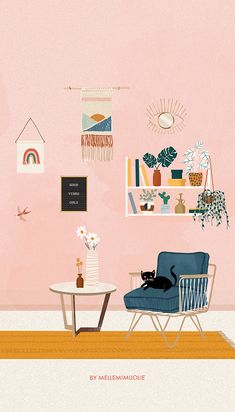 a cat sitting on a chair in front of a pink wall with pictures and plants