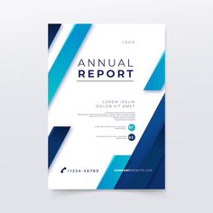 a blue and white annual report brochure with an abstract design on the cover