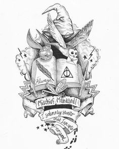 a harry potter tattoo design with hogwarts, books and other things on it