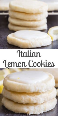 lemon cookies stacked on top of each other with the words italian lemon cookies above them