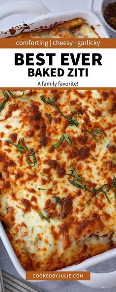 a casserole dish with cheese and herbs on top, in a white baking dish