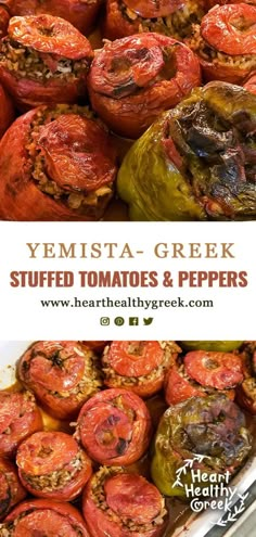 some stuffed tomatoes and peppers are on display in a store with the words, yemsta - greek stuffed tomatoes & peppers