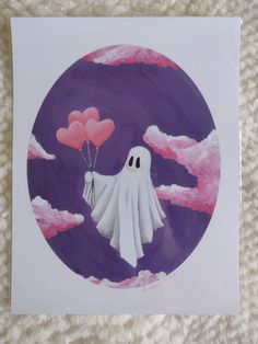 a painting of a ghost holding balloons in the air with clouds and pink hues