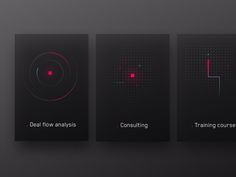 three square posters with the words deal flow analysis, consulting and training on each side