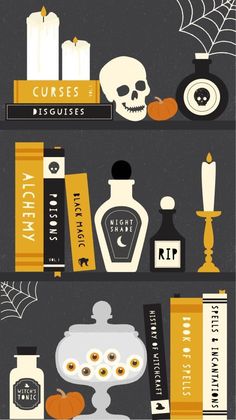 halloween bookshelves with candles, pumpkins and other items on top of them