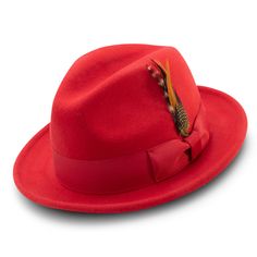 Upgrade your hat game with our Montique Red Snap Brim Crushable Wool Felt Fedora Hat featuring a stylish feather accent. Crafted from 100% wool, this hat boasts a sophisticated pinch crown design and a classic 2" brim. Complete with a grosgrain ribbon for added charm, this hat exudes elegance and style. With no lining, it's lightweight and comfortable for all-day wear. Pinch crown design Chic feather accent Snap brim Solid Color Built-in sweatband Made from 100% wool 2" brim 4" Crown Grosgrain r Fedora Style, Popular Hats, Mens Hats Fashion, Fedora Hat Men, Wool Fedora Hat, Coloured Feathers, Hat Styles, Fedora Hats, Wool Fedora