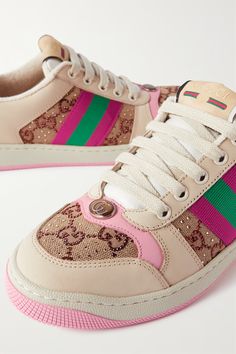 GUCCI Screener embellished canvas and leather sneakers | NET-A-PORTER Gucci Sneakers Outfit Women, Gucci Sneakers Outfit, Tenis Gucci, Gucci Screener, Designer Sneakers Women, Gucci Shoes Sneakers, Sneaker Outfits Women, Kicks Shoes