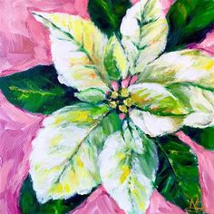 a painting of a white flower with green leaves on it's petals and pink background