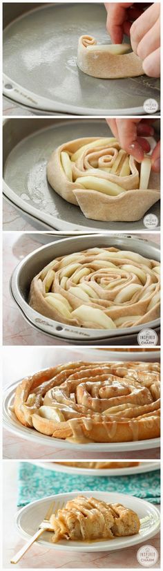 the steps to making an apple cinnamon swirl pie are shown in three different stages, including baking