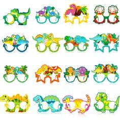 many different types of glasses with dinosaurs on them, all in different colors and shapes