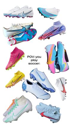 many different types of shoes are shown in this image with the words pov you play soccer