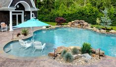 a backyard with a pool, patio furniture and an umbrella in the middle of it