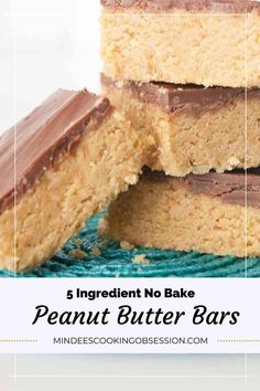 peanut butter bars stacked on top of each other with text overlay reading 5 ingredient no bake peanut butter bars