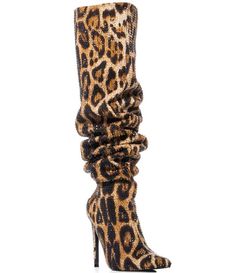 From Azalea Wang&#x2C; the Adventurous Leopard Print Over-the-Knee Slouch Boots feature:Leopard printed synthetic upperPointed toe constructionallover rhinestone embellishmentsPull on designSynthetic liningSynthetic outsoleApprox. 16" shaft heightApprox. 17" shaft circumferenceApprox. 4.5" heel heightImported. Leopard Print Birthday, Leopard Print Wedding, Camouflage Boots, Womans Boots, Knee Boots Flat, Animal Print Boots, Leopard Print Boots, Leopard Boots, Luxury Boots